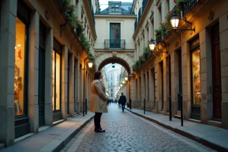 Passage étroit et voûté adjacent à la rue Saint-Honoré à Paris, avec façades haussmanniennes et pavés anciens