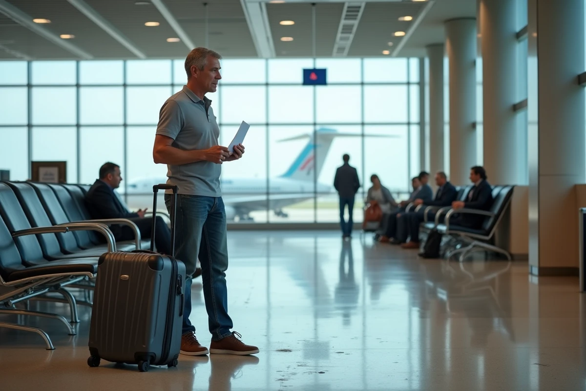 Passager à la porte d'embarquement d'un aéroport avec sa valise cabine et sa carte d'embarquement Transavia