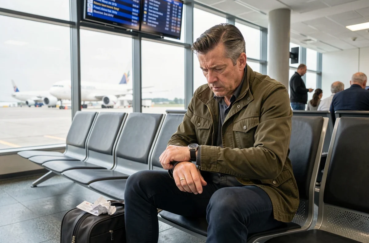 Passager stressé vérifiant l'heure à la porte d'embarquement d'un vol TUI Fly à l'aéroport d'Orly