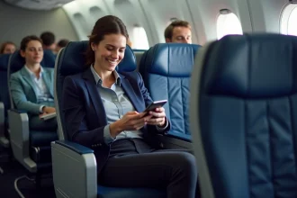 Passagère en classe économique Delta Air Lines regardant l'écran de divertissement à bord