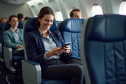 Passagère en classe économique Delta Air Lines regardant l'écran de divertissement à bord