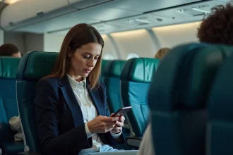 Passagère d'une compagnie aérienne low-cost consultant les avis en ligne sur son smartphone dans la cabine économique