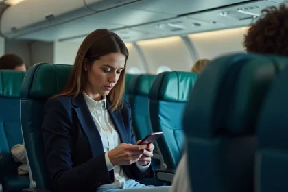 Passagère d'une compagnie aérienne low-cost consultant les avis en ligne sur son smartphone dans la cabine économique