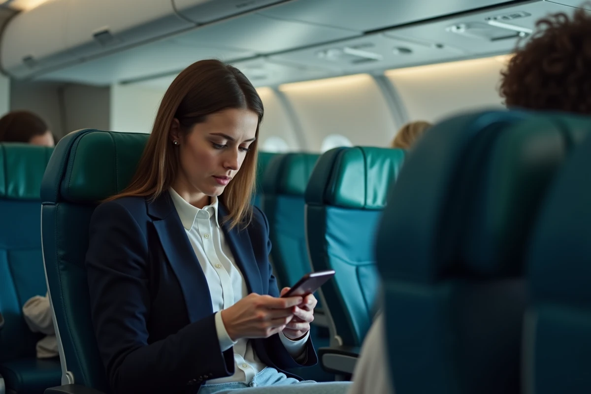 Passagère d'une compagnie aérienne low-cost consultant les avis en ligne sur son smartphone dans la cabine économique