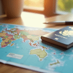 Passeport français et documents de visa sur une table ensoleillée