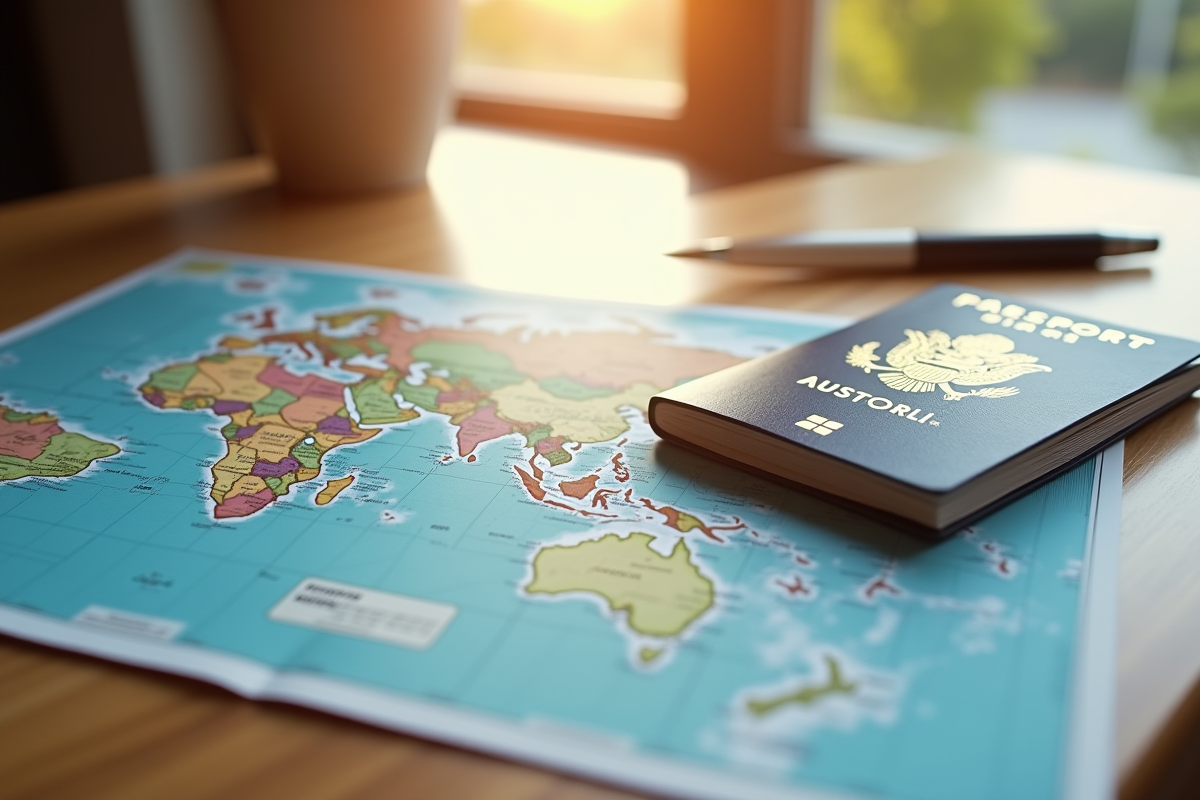 Passeport français et documents de visa sur une table ensoleillée