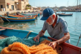 Pêcheur maltais triant des filets colorés sur un bateau traditionnel