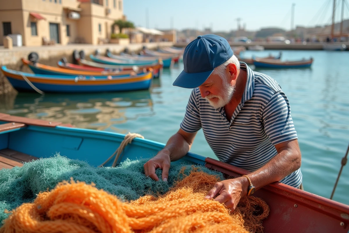Pêcheur maltais triant des filets colorés sur un bateau traditionnel