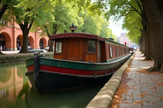 Péniche amarrée le long du Canal du Midi à Toulouse avec reflets dans l'eau et pont en briques en arrière-plan