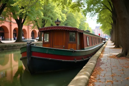 Péniche amarrée le long du Canal du Midi à Toulouse avec reflets dans l'eau et pont en briques en arrière-plan
