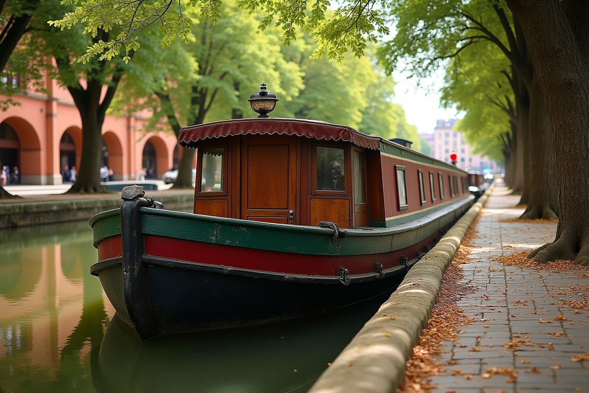 Péniche amarrée le long du Canal du Midi à Toulouse avec reflets dans l'eau et pont en briques en arrière-plan