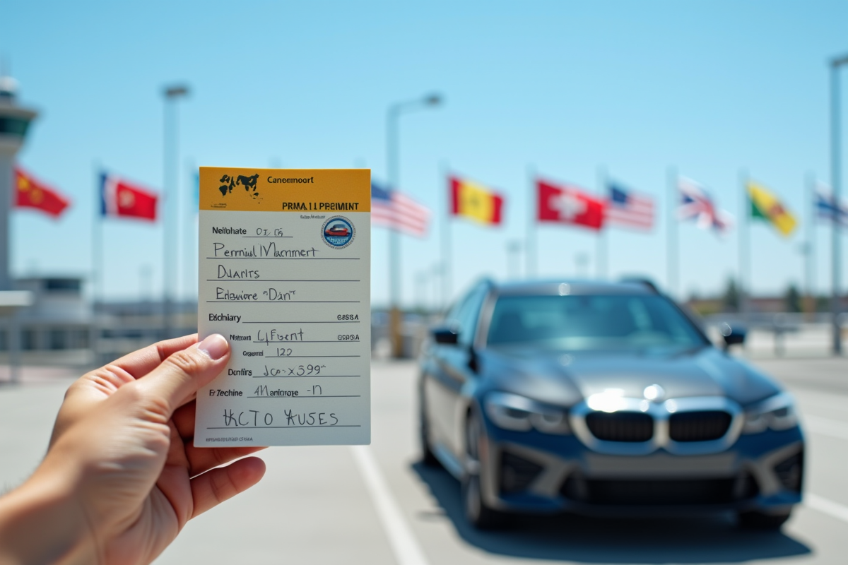 Main tenant permis international devant voiture de location à l