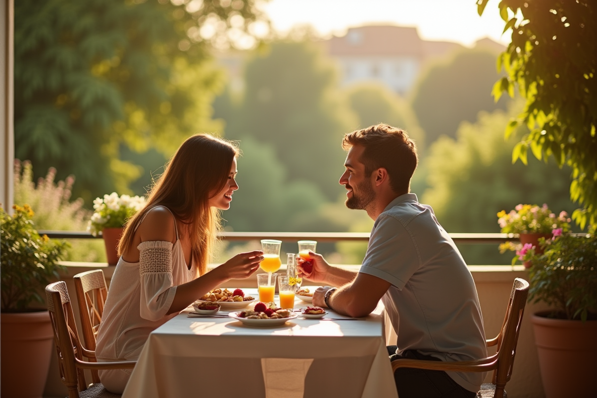 Couple romantique petit déjeuner terrasse en HautsdeFrance