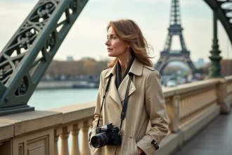 Photographe femme sur le Pont de Bir-Hakeim à Paris avec la Tour Eiffel en arrière-plan, appareil photo vintage au cou
