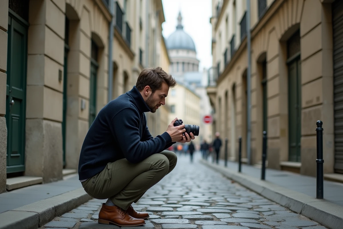 Photographe homme accroupi dans une ruelle pavée de Montmartre avec vue sur le Sacré-Cœur en arrière-plan