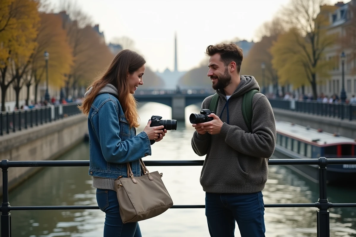 Deux photographes discutant au bord du Canal Saint-Martin à Paris en consultant leurs appareils photo