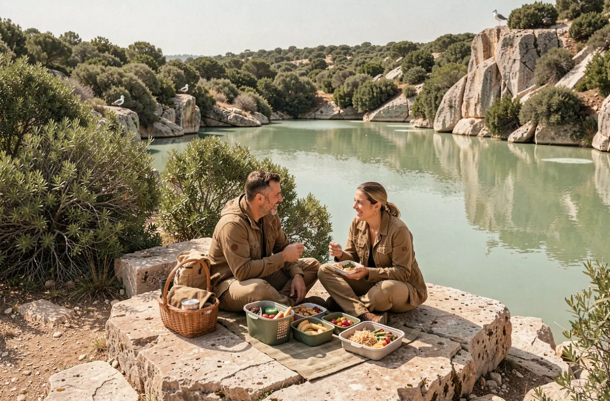 Couple en pique-nique écologique au bord du lac d'eau salée de l'île de Lokrum près de Dubrovnik