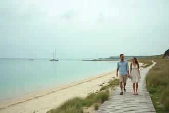 Promenade sur la plage de Conleau à Vannes avec vue sur l'estuaire breton et les voiliers amarrés
