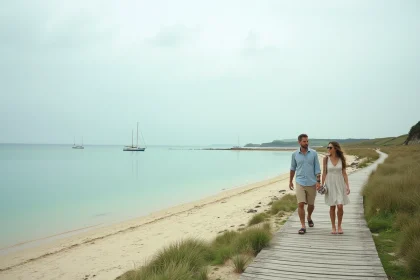 Promenade sur la plage de Conleau à Vannes avec vue sur l'estuaire breton et les voiliers amarrés