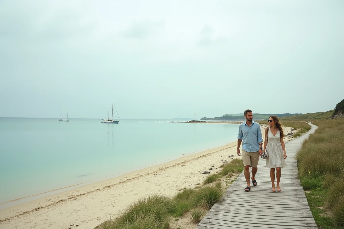 Promenade sur la plage de Conleau à Vannes avec vue sur l'estuaire breton et les voiliers amarrés