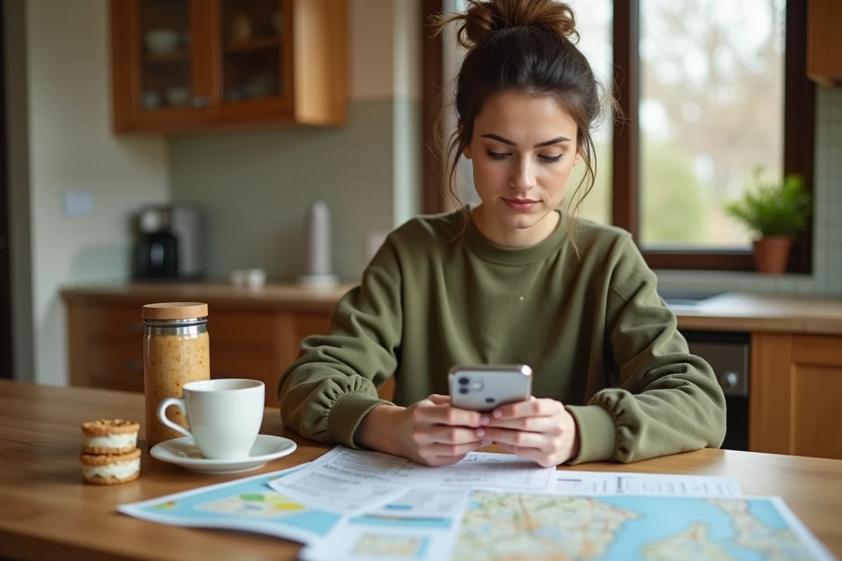 Femme planifiant un long trajet en famille sur son smartphone avec carte routière et notes manuscrites sur une table en bois