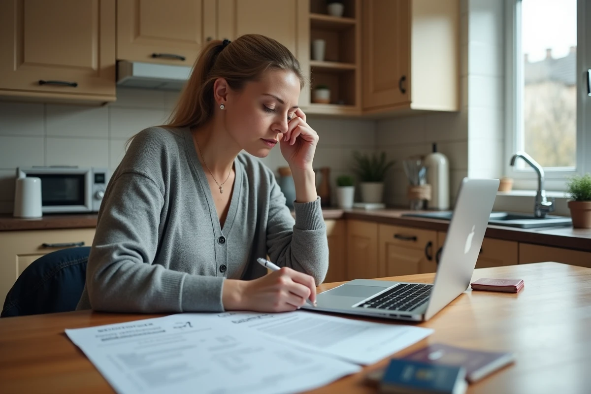 Femme préparant un dossier de demande de visa pour accompagnant de patient à domicile, avec passeport, formulaires et documents médicaux sur une table