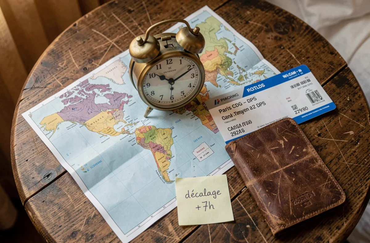 Préparation de voyage avec carte des fuseaux horaires, billet d'avion Paris-Bali et horloge de voyage illustrant le décalage horaire