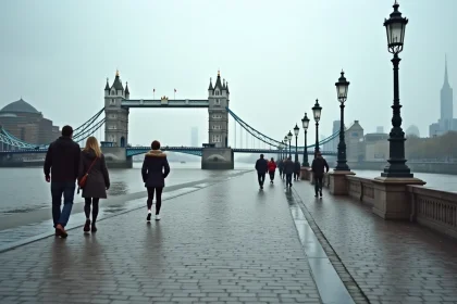 Promenade au bord de la Tamise avec vue sur le Tower Bridge dans la brume automnale à Londres