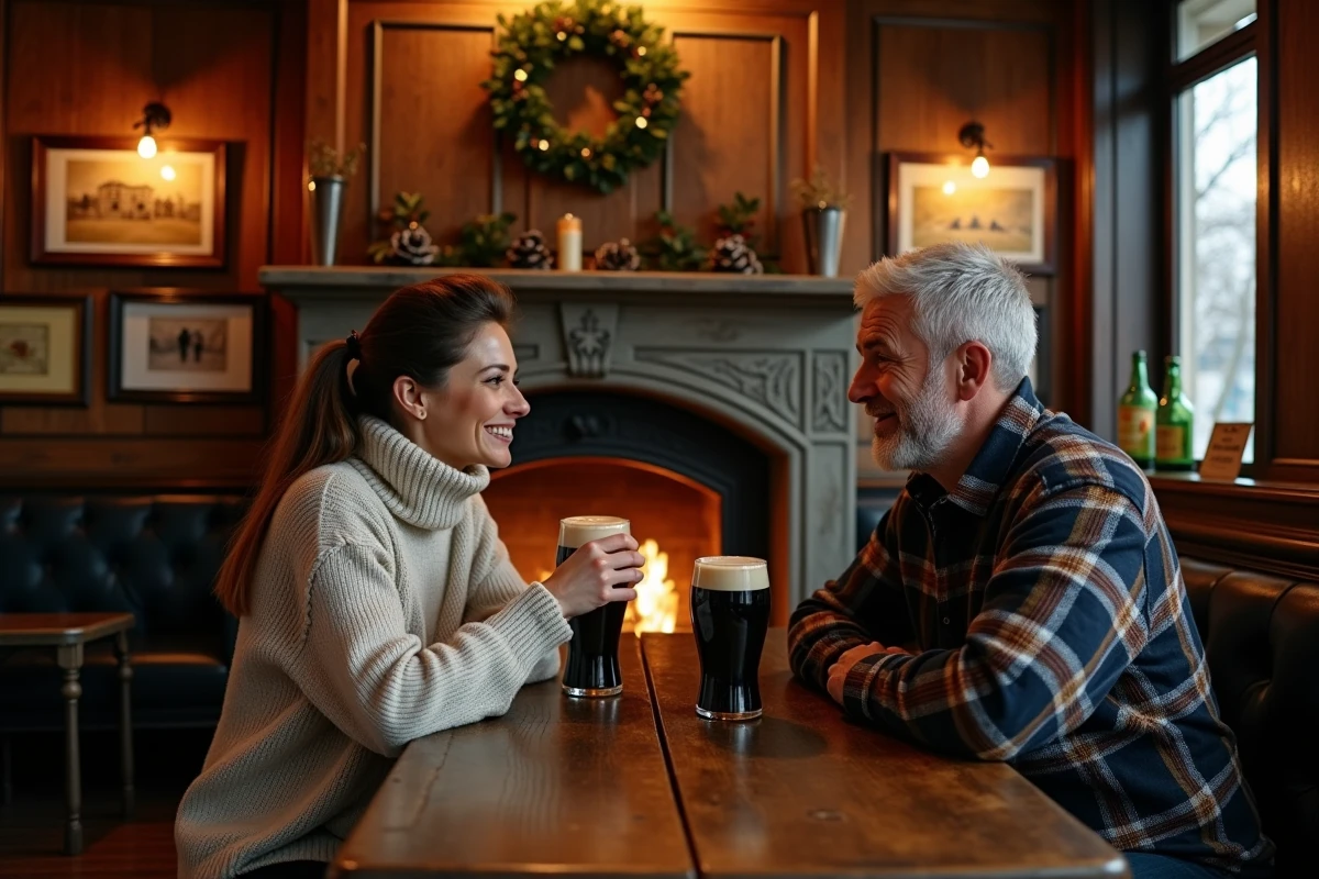 Intérieur chaleureux d'un pub traditionnel irlandais à Dublin en décembre, couple attablé près d'une cheminée décorée pour Noël