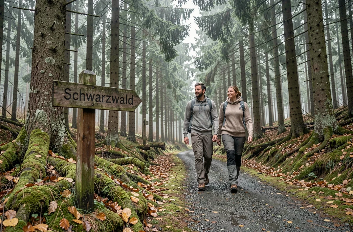 Couple de randonneurs sur un sentier dans la Forêt-Noire allemande avec un panneau Schwarzwald en premier plan