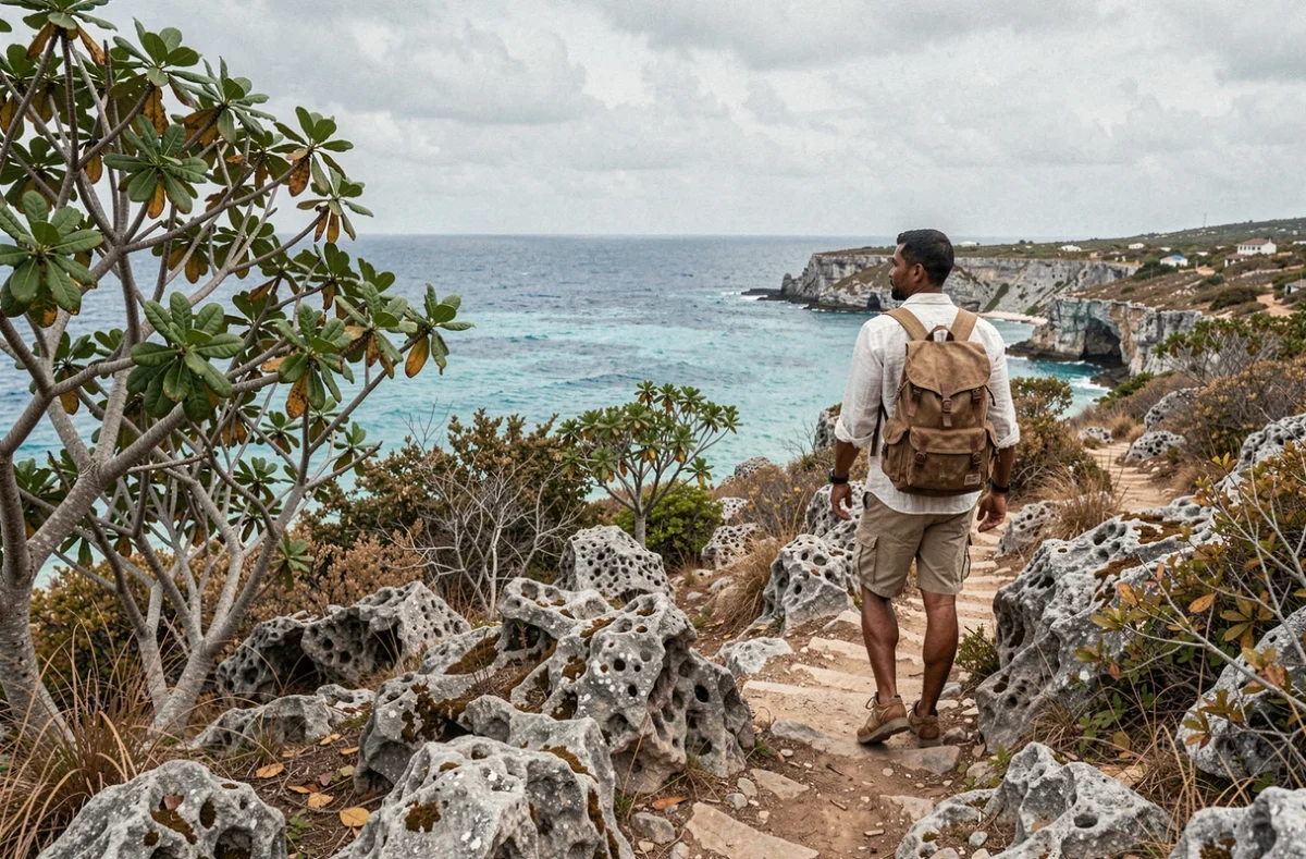 Voyageur en randonnée sur un sentier côtier rocheux surplombant la mer des Caraïbes près de Jacmel en Haïti