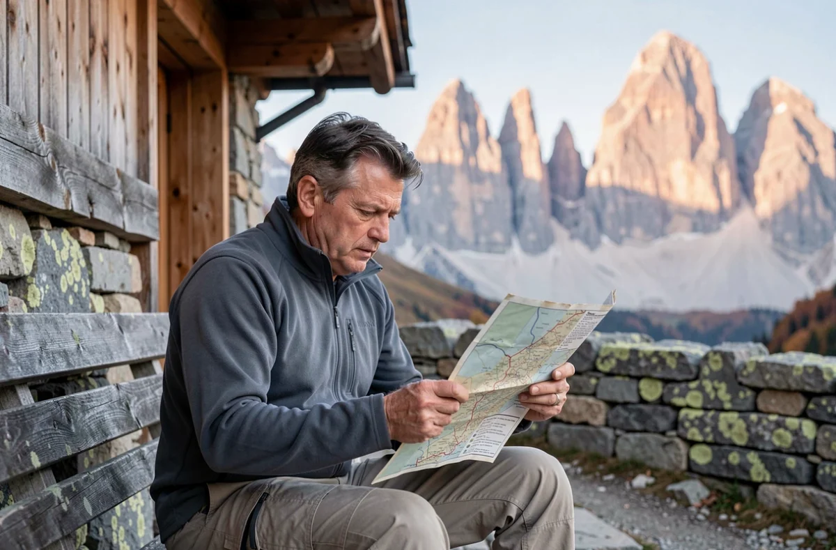 Randonneur consultant une carte devant un refuge de montagne en bois avec les sommets des Dolomites en arrière-plan en automne