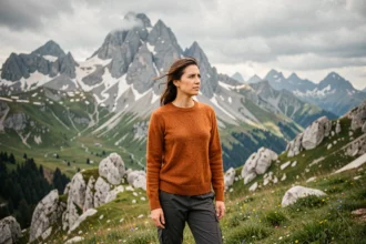 Femme en pull orange sur une crête alpine en Vallée d'Aoste avec le massif du Gran Paradiso enneigé en arrière-plan