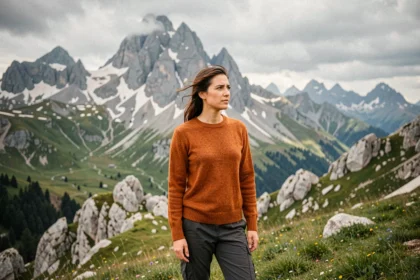 Femme en pull orange sur une crête alpine en Vallée d'Aoste avec le massif du Gran Paradiso enneigé en arrière-plan