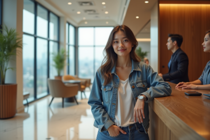 Jeune femme accueillie à la réception d'un hôtel moderne