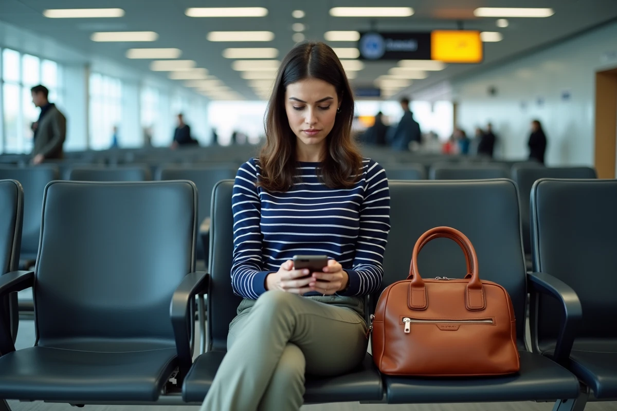 Femme assise à l'aéroport consultant les règles bagage cabine EasyJet avec sac à main et sac duty-free