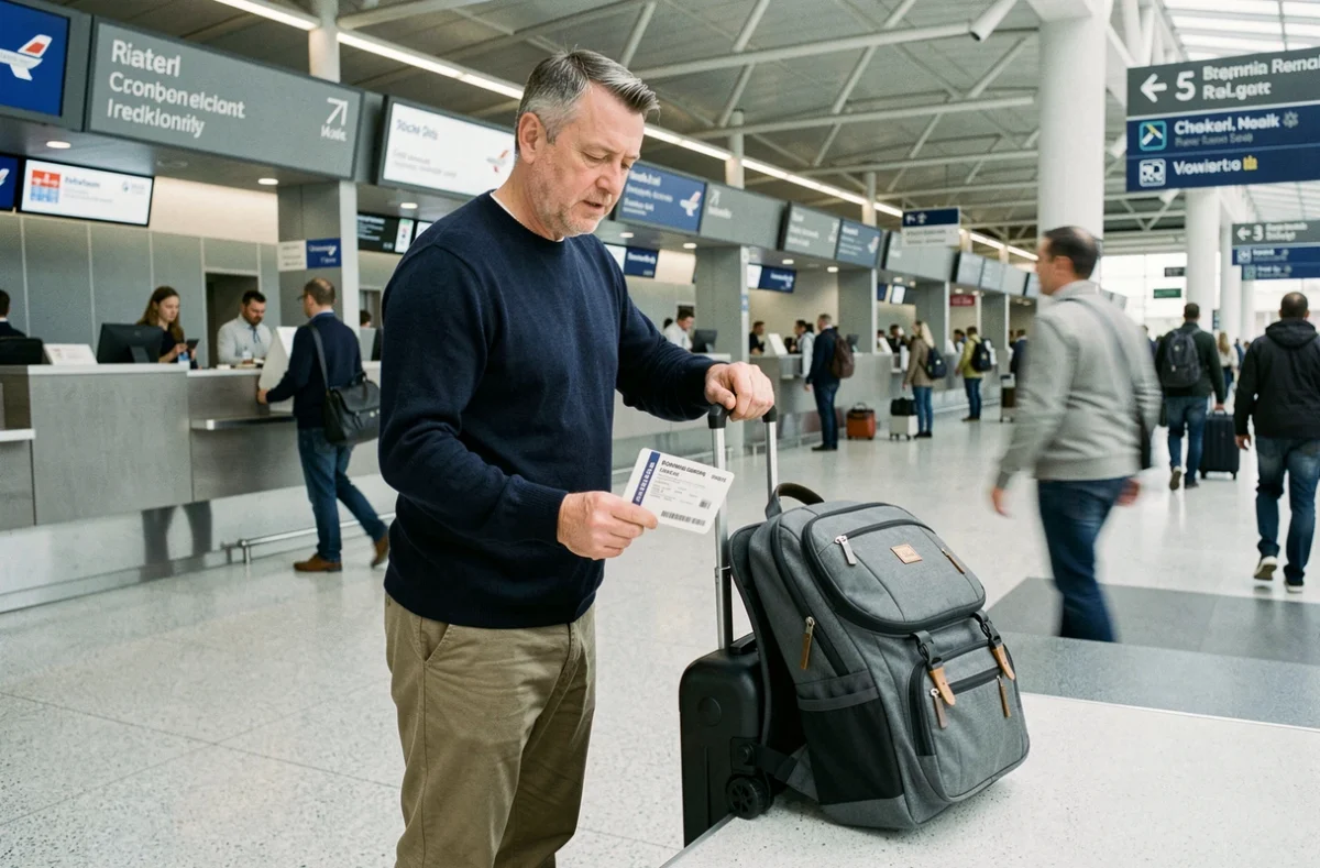 Homme comparant une valise cabine et un sac à dos au comptoir d'enregistrement d'un aéroport