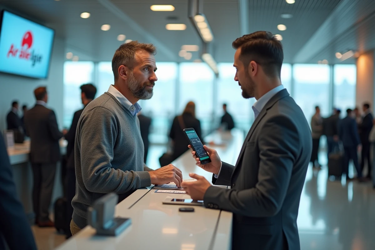 Passager gérant sa réservation Air Algérie au comptoir d'enregistrement de l'aéroport