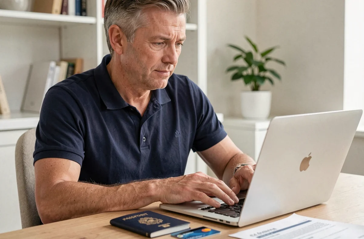 Homme réservant une croisière en ligne depuis son bureau à domicile avec passeport et carte bancaire