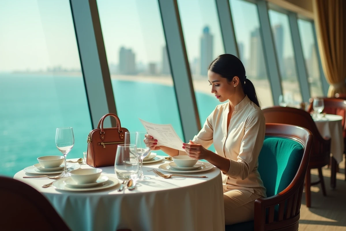 Femme consultant sa réservation dans un restaurant panoramique de luxe au Burj Al Arab avec vue sur le golfe Arabique