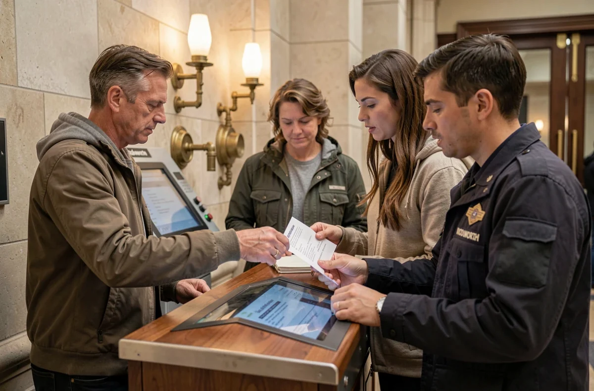 Groupe de visiteurs présentant leur réservation au bureau d'accueil des visites guidées du Woolworth Building