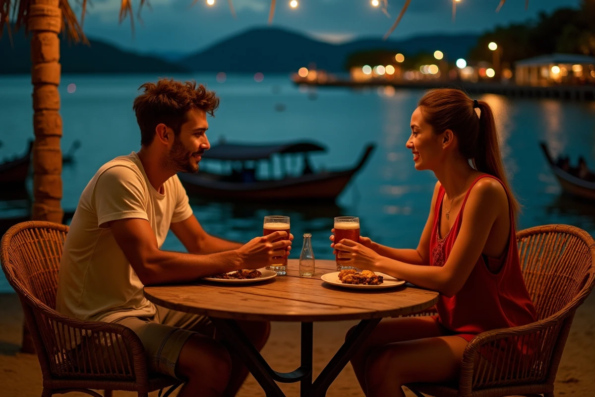 Terrasse de restaurant en bord de mer à Padangbai la nuit avec des voyageurs dînant face au port et aux bateaux de pêche