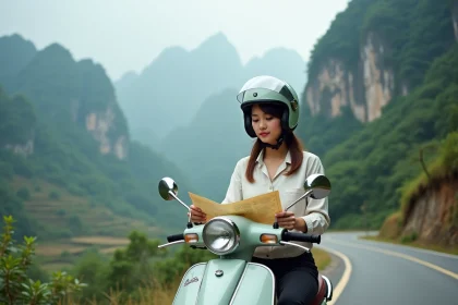 Femme casquée sur un scooter Honda Win étudiant une carte sur une route de montagne au Vietnam avec des rizières en terrasses en arrière-plan