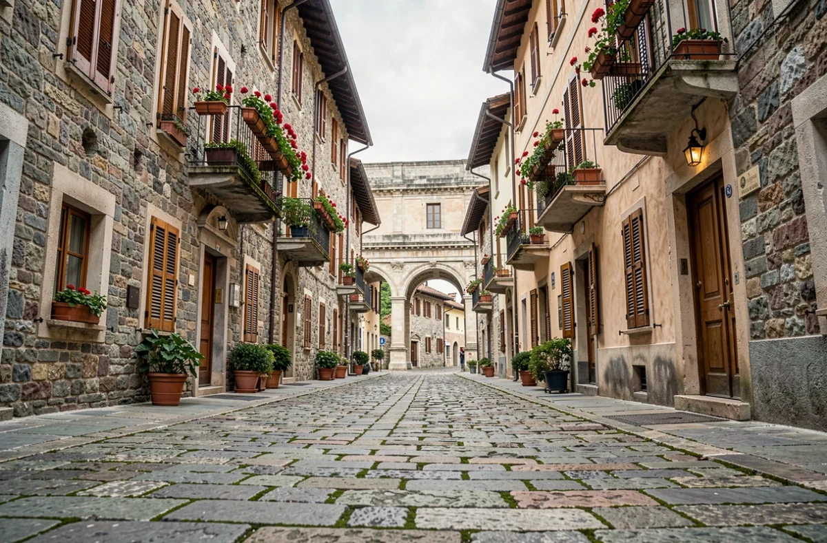 Rue médiévale pavée du centre historique d'Aoste avec des bâtiments en pierre et l'arc triomphal romain en perspective