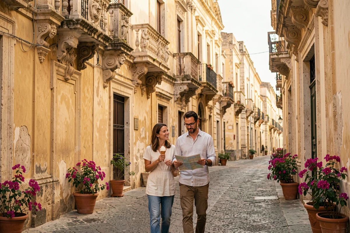 Couple se promenant dans une ruelle baroque en pierre dorée à Noto en Sicile