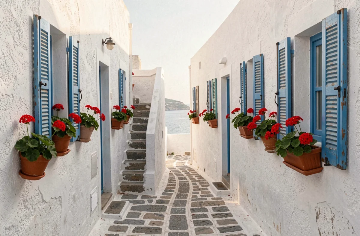 Ruelle étroite et déserte aux maisons blanchies à la chaux dans le village de Chora sur l'île de Folégandros