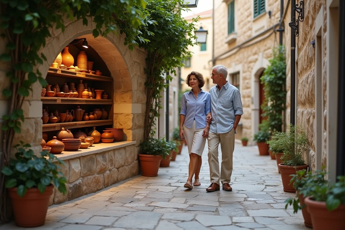 Couple de voyageurs découvrant une boutique de poterie artisanale dans une ruelle médiévale de Dubrovnik en septembre