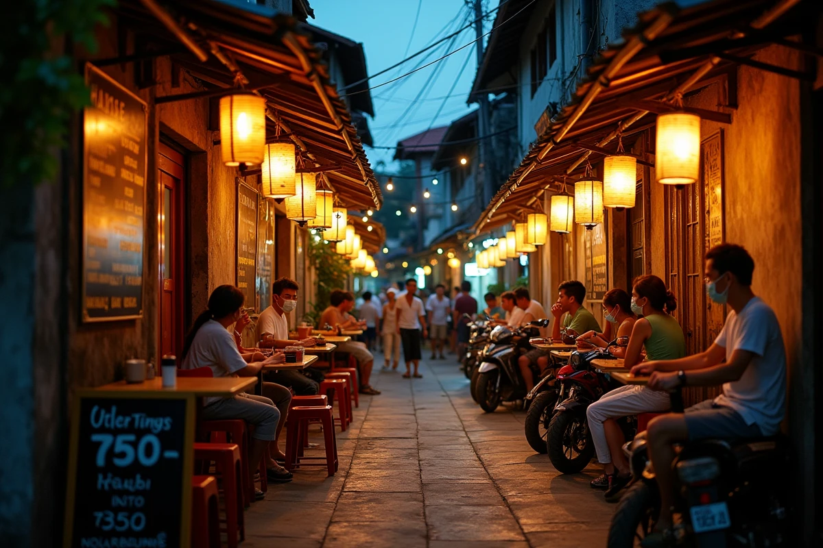 Ruelle animée de Padangbai la nuit avec warungs, lanternes et voyageurs se mêlant aux habitants balinais