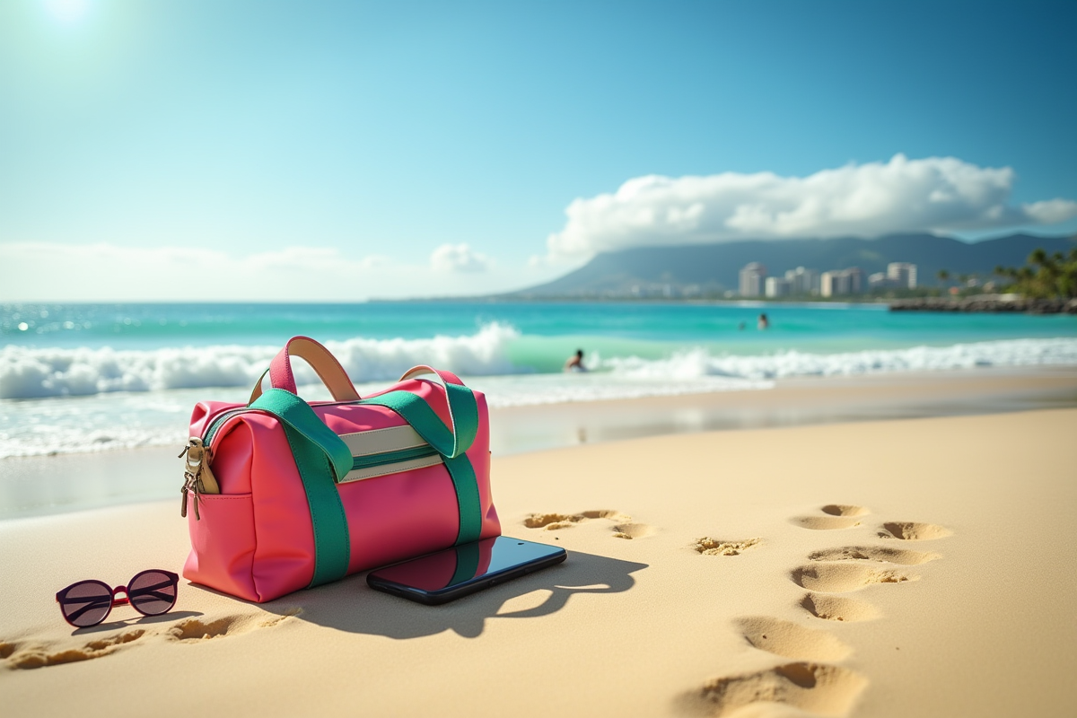 Sac de plage coloré sur le sable à Waikiki avec lunettes et smartphone