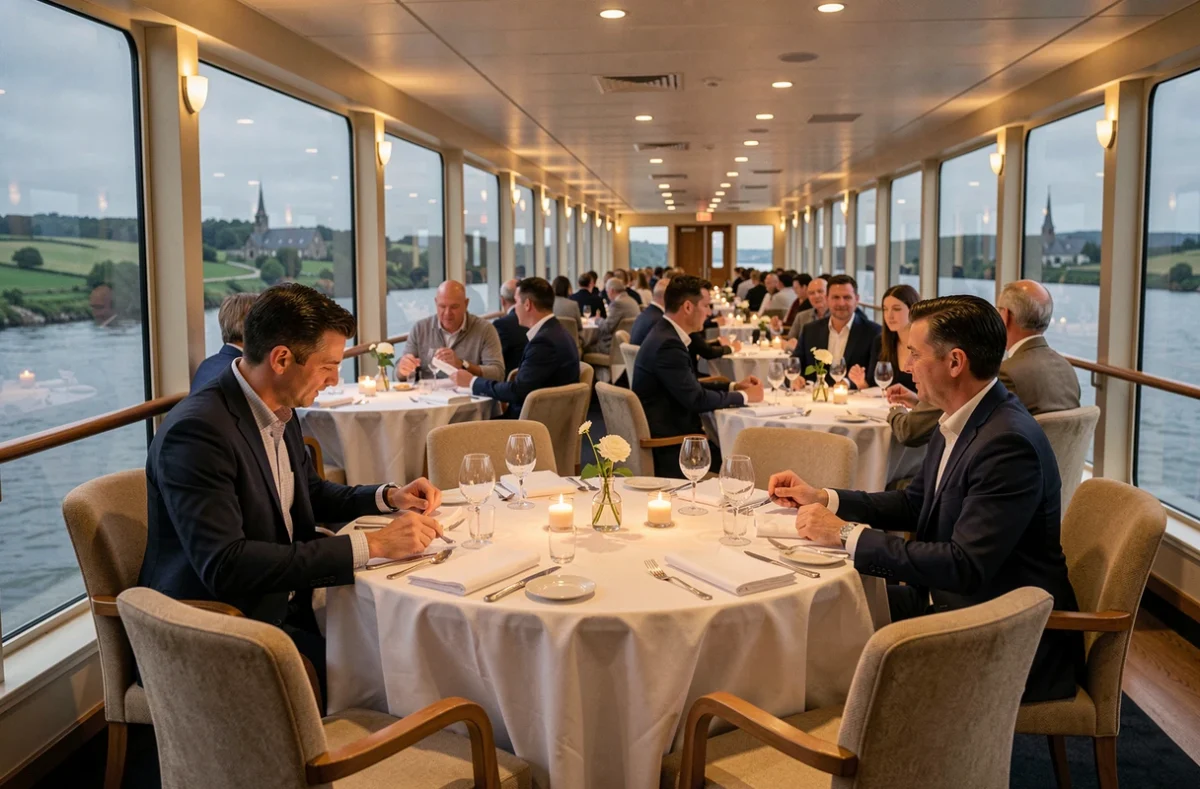 Salle à manger élégante d'un bateau de croisière fluviale avec vue panoramique sur la campagne normande au crépuscule